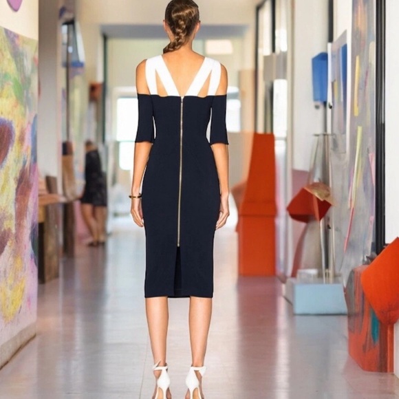 ROLAND MOURET Black & White “Keeling” Keyhole Slit-Sleeve Midi Crepe Dress SZ 6 - Picture 7 of 9